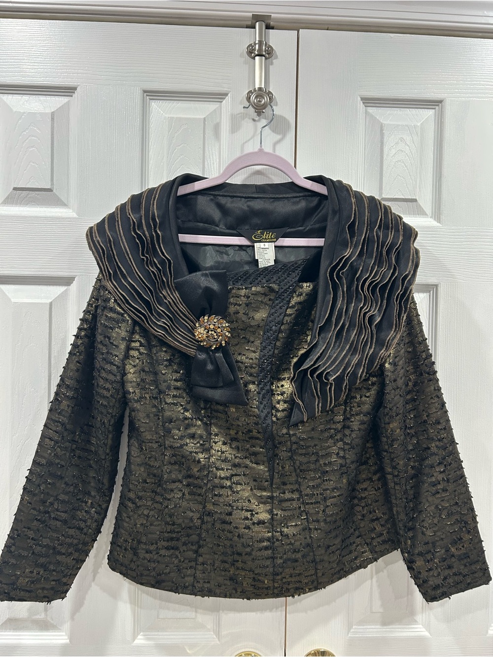 Champagne Black and Gold Textured Evening Jacket with Pleated Collar